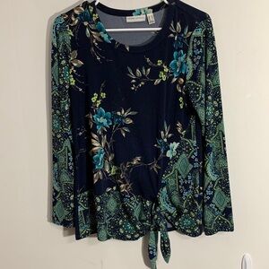 Susan Graver Sz XS Tunic, ties in front, floral w/ corresponding sleeves